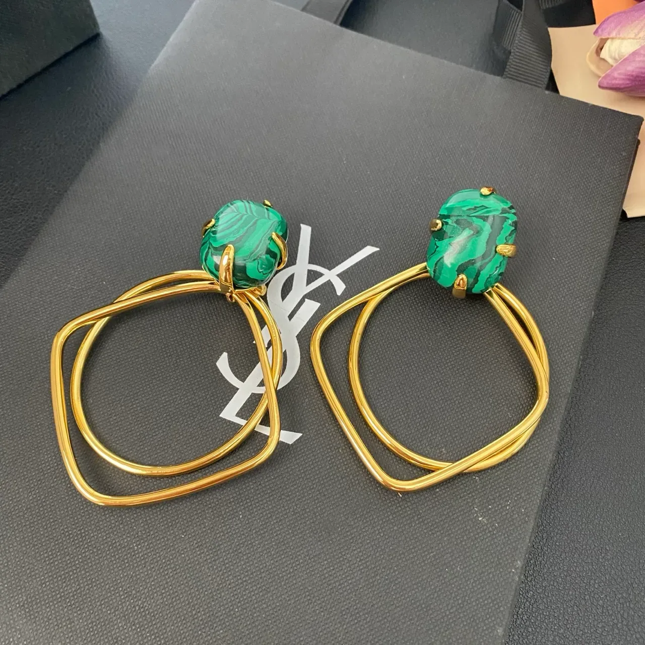 Malachite Cabochon Gold-Tone Double Loop Hoop Earrings 5