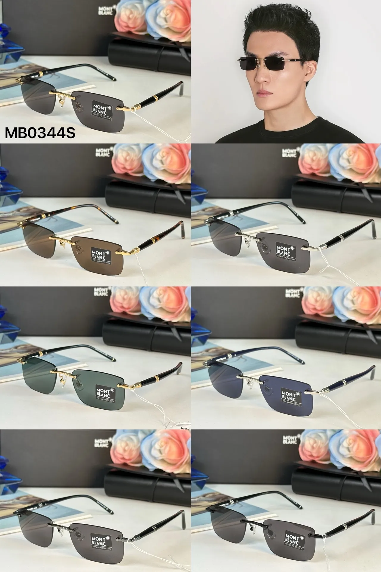 Montblanc Rimless Rectangular Gold-Accented Black Sunglasses 4