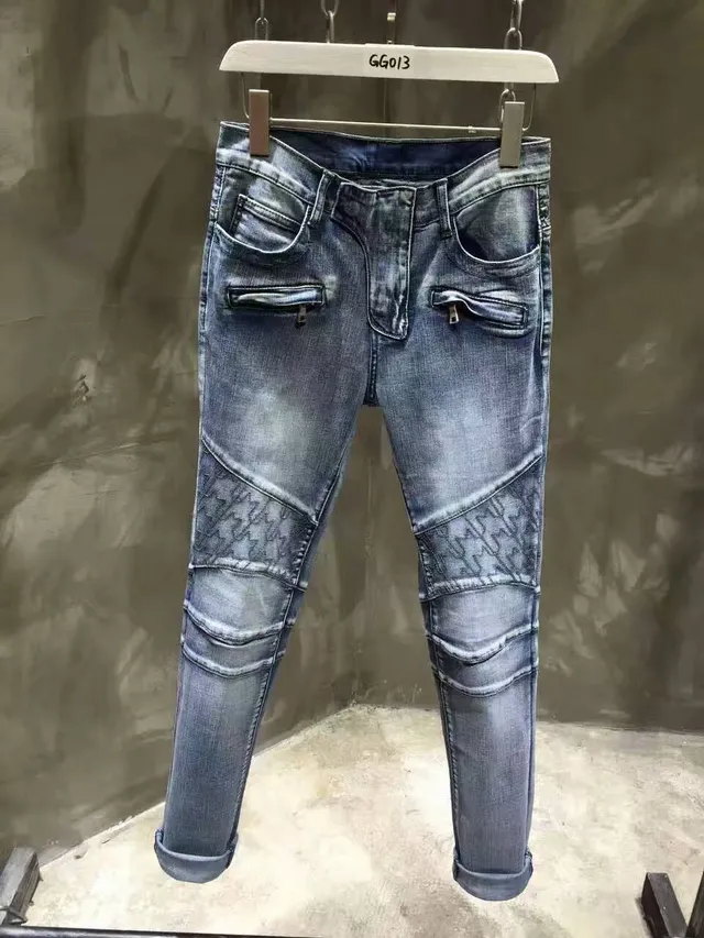Moto-Style Panel de Rodilla Acolchado Jeans de Mezclilla Azul 2