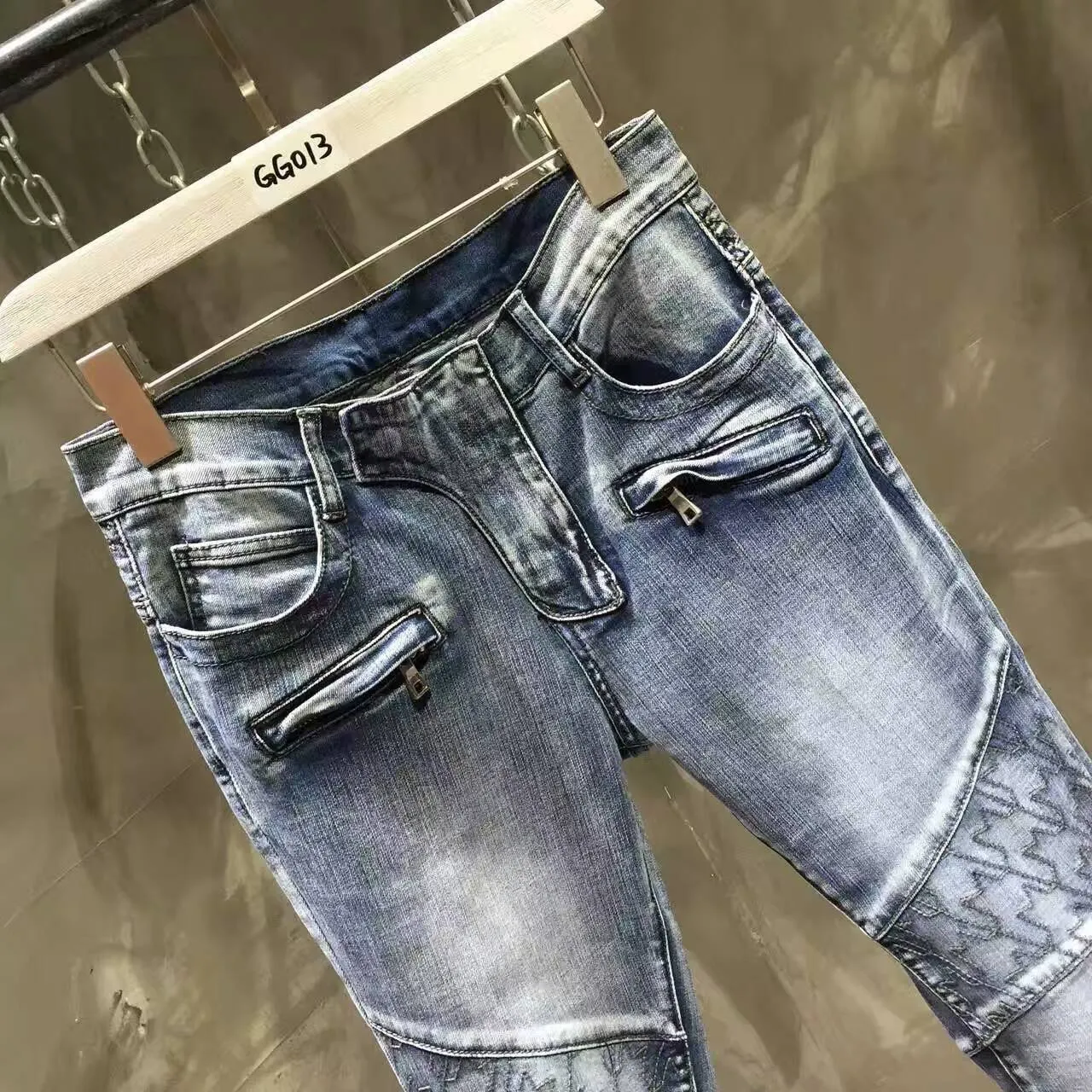 Moto-Style Panel de Rodilla Acolchado Jeans de Mezclilla Azul 3