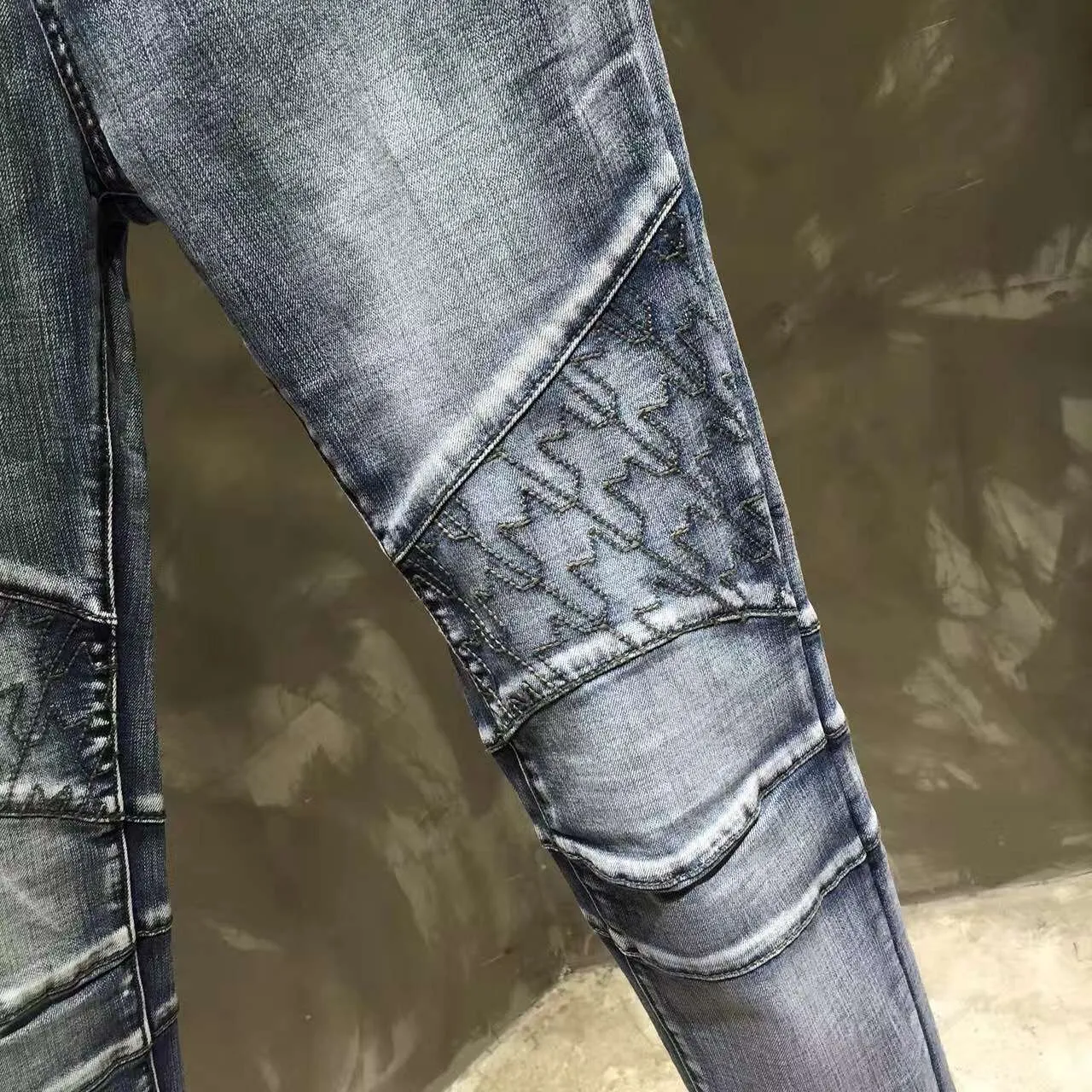 Moto-Style Panel de Rodilla Acolchado Jeans de Mezclilla Azul 5