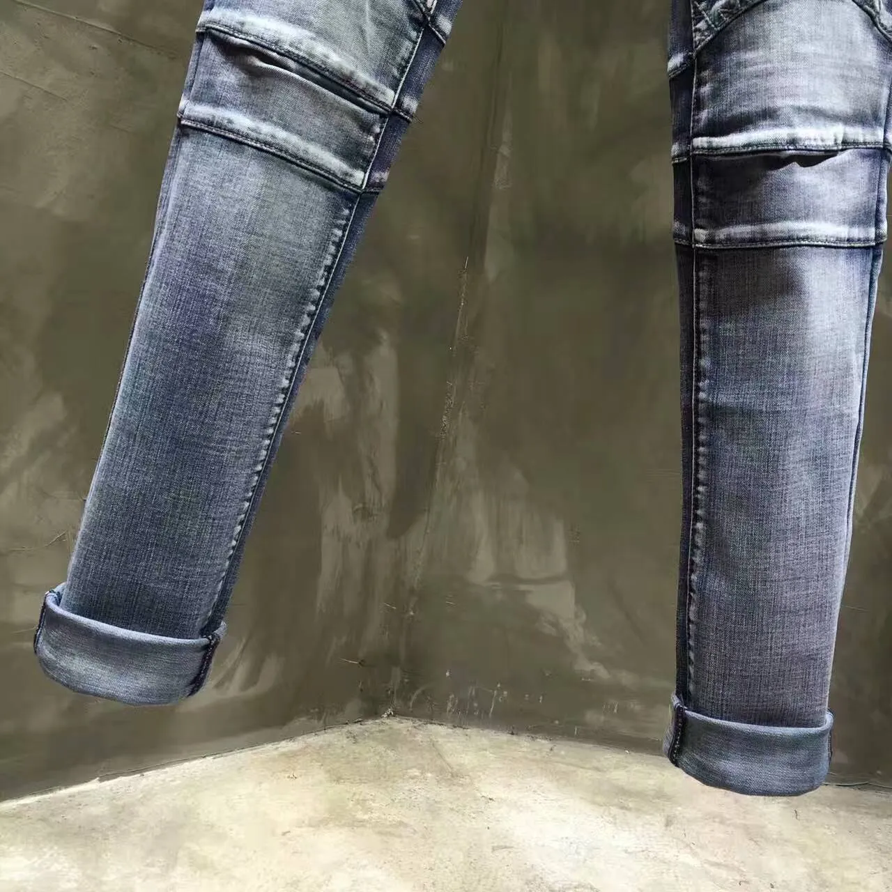 Moto-Style Panel de Rodilla Acolchado Jeans de Mezclilla Azul 6