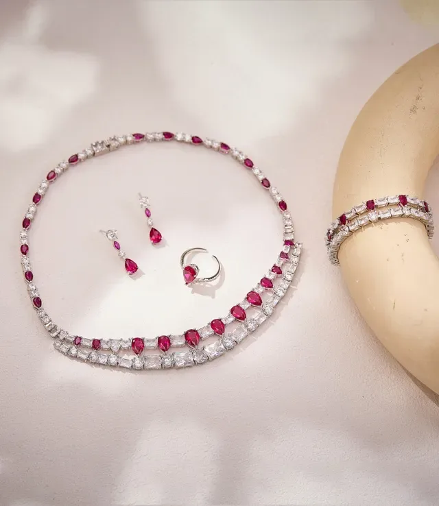 Multi-Row Baguette-Cut Stone and Ruby Accent Rigid Bracelet 3