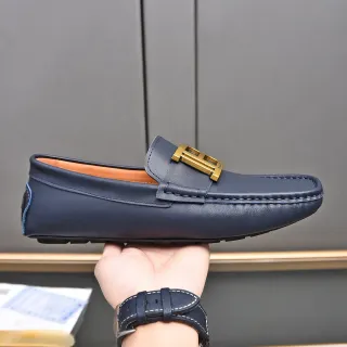 Navy Gold Leather Buckle Accent Loafer