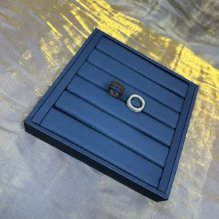 Navy Silver Blue Velvet-Lined Ridged Slot Display Ring