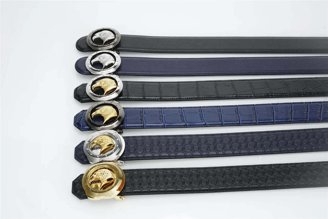 Navy Silver Pebbled Eagle-Head Buckle Leather Belt 2