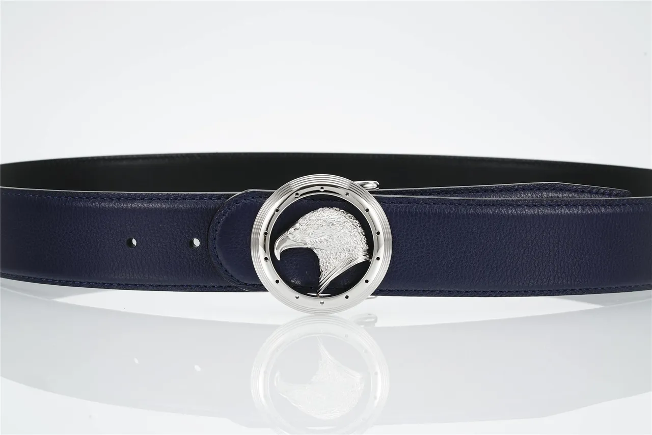 Navy Silver Pebbled Eagle-Head Buckle Leather Belt 8
