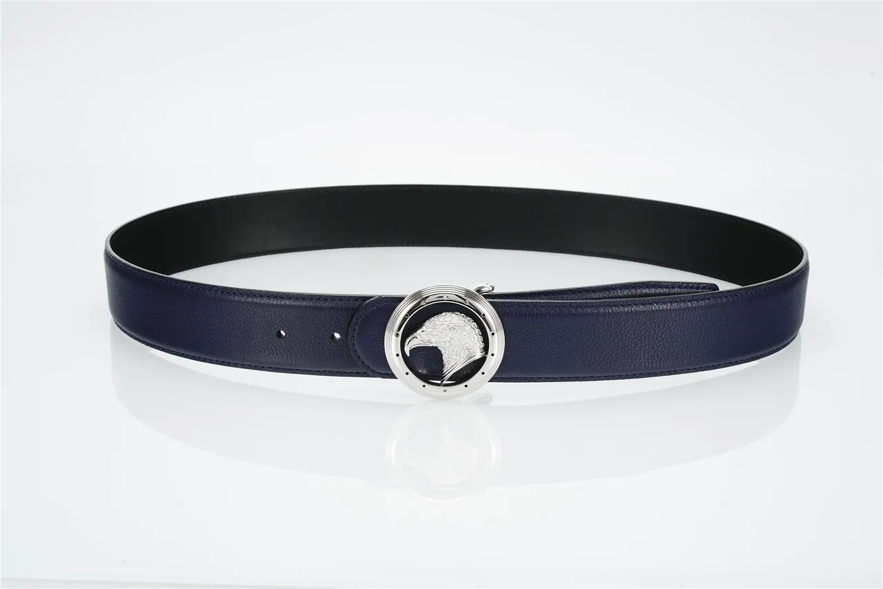 Navy Silver Pebbled Eagle-Head Buckle Leather Belt 9