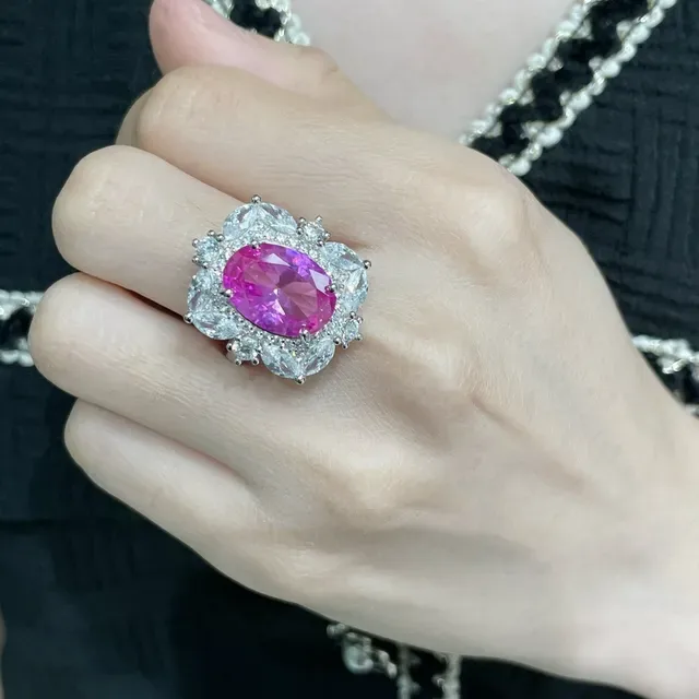 Oval Pink Gemstone Halo Cluster Ring 9