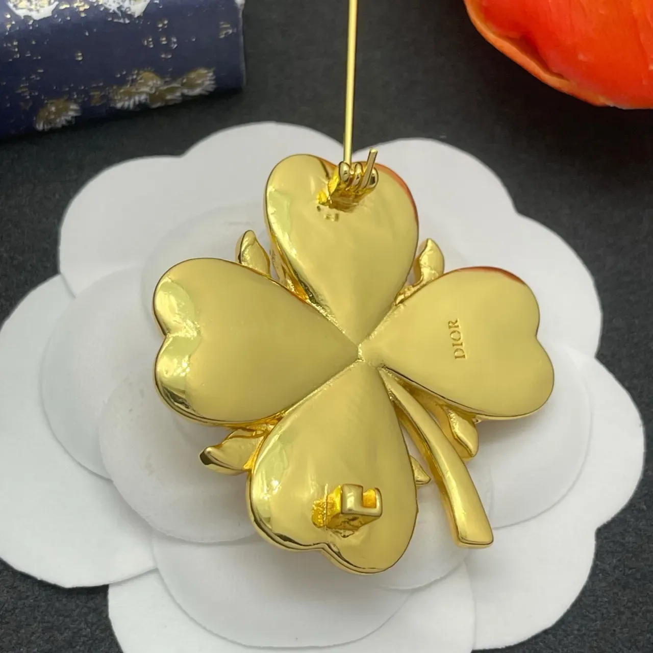 Peach Orange Enamel Floral Rhinestone Brooch 3
