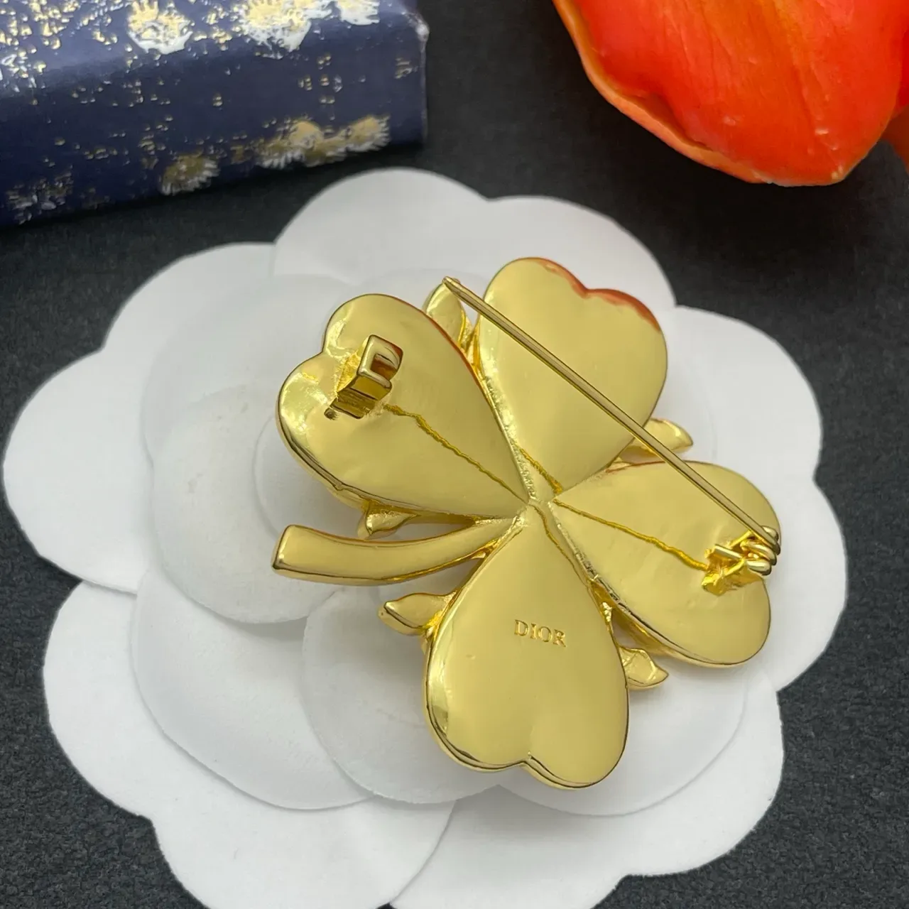 Peach Orange Enamel Floral Rhinestone Brooch 4