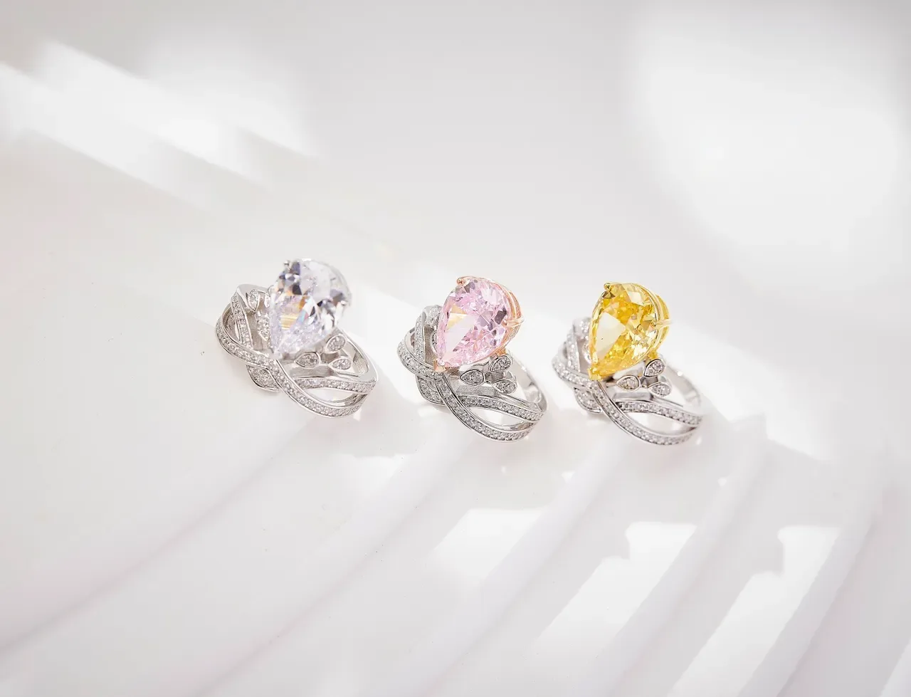 Pear-Cut Pink Gemstone Pavé Diamond Tiara-Style Ring 5