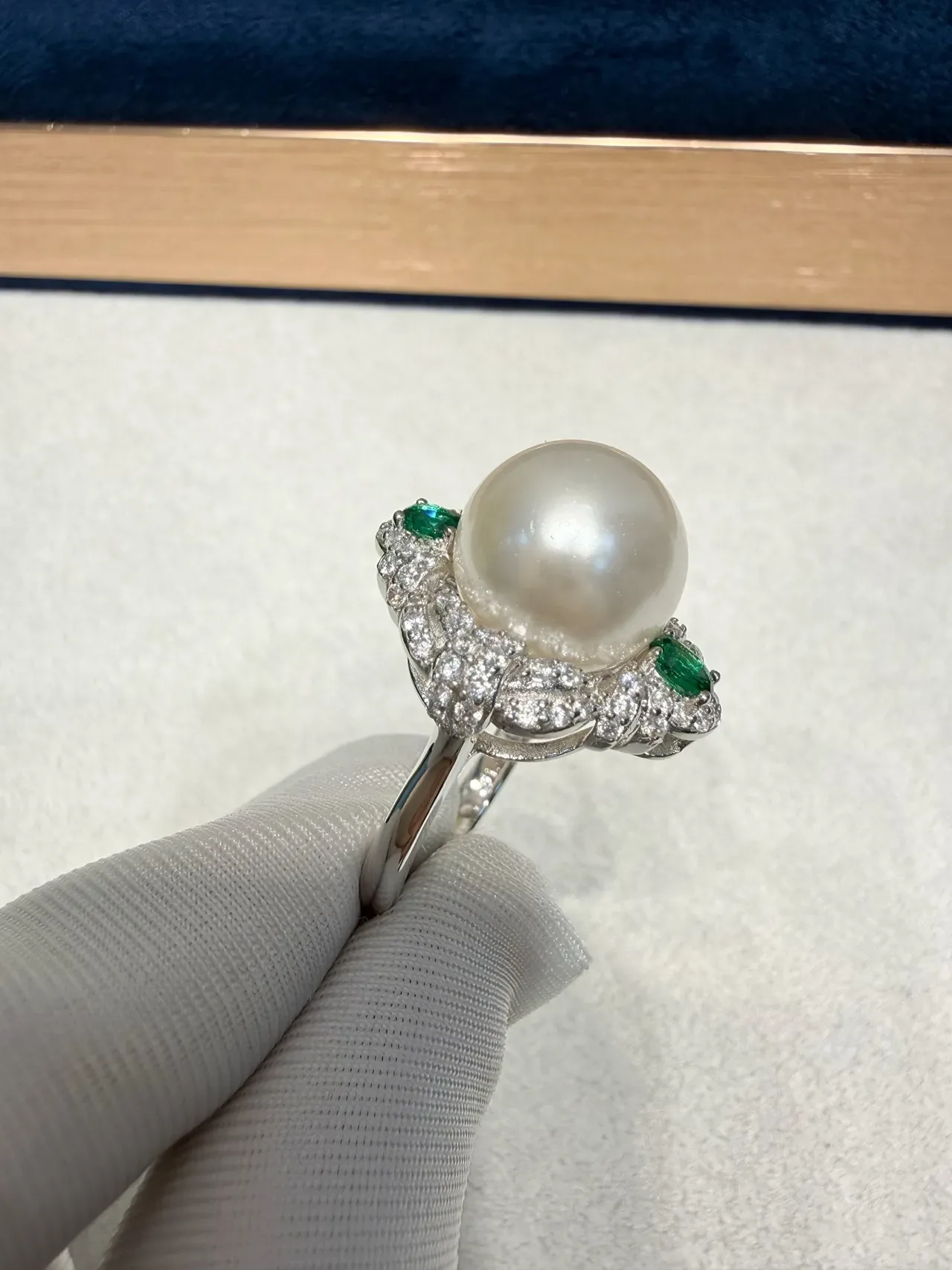 Pearl and Emerald Diamond Halo Ring 2