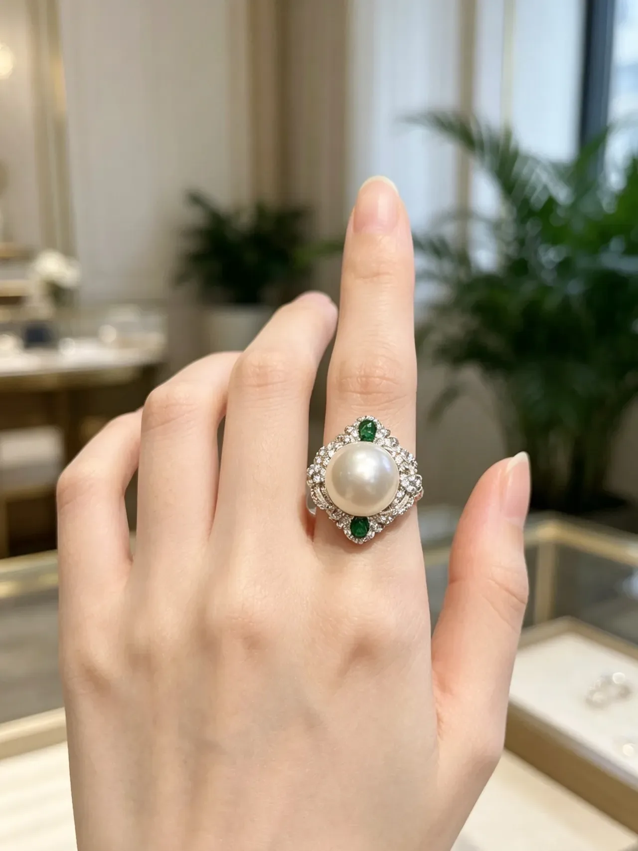 Pearl and Emerald Diamond Halo Ring 9