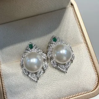Pearl and Emerald Leaf Motif Pavé Earrings