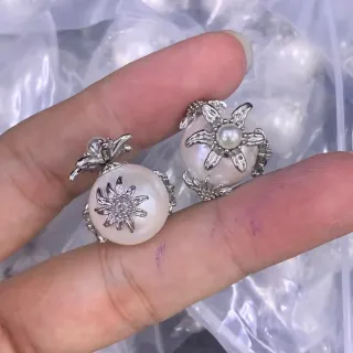 मोती और चांदी के फूल फिलीग्रे अंगूठी