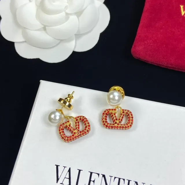 Pearl-Top Red Crystal V Motif Dangling Earrings 2
