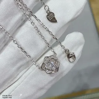Collier Piaget Argent Rose Transparente Floral Pendentif Pavé-Set Cristaux