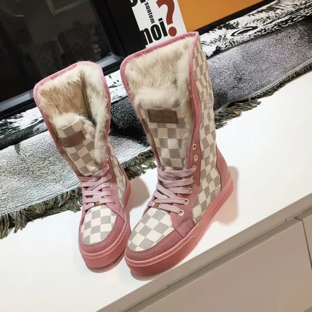 Pink Beige Checkerboard Canvas Upper Rubber Sole Snow Boots 9