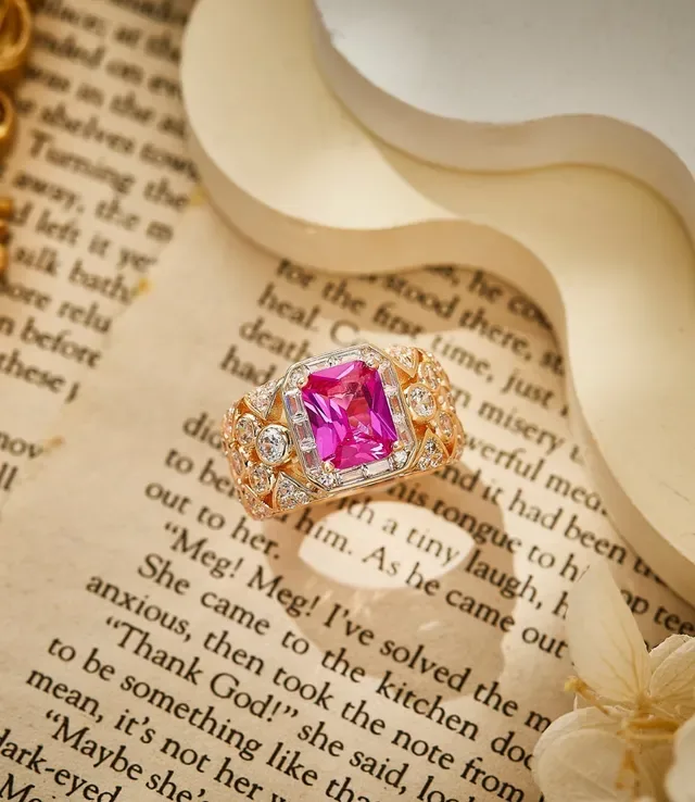 Pink Gemstone Octagonal Cut Pavé-Set Wide Band Ring 6
