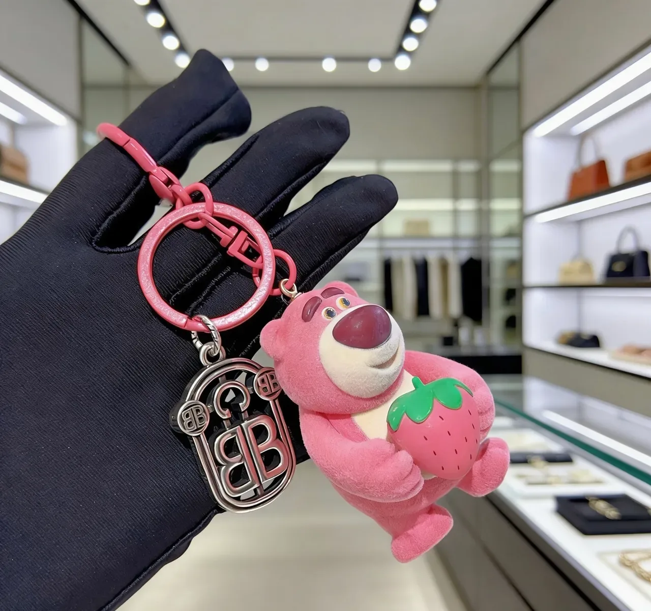 Pink Green Plush Bear Figure Holding Strawberry Phone Accessory 2