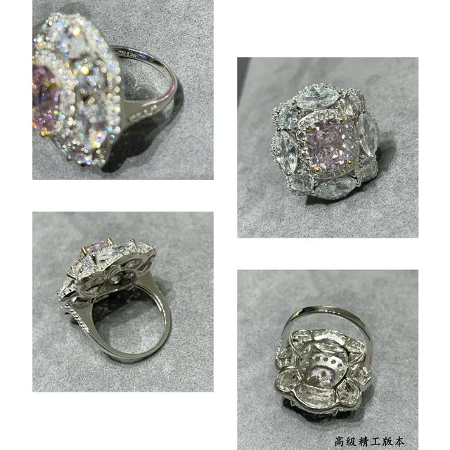 Pink Silver Multi-Stone Cluster Cushion-Cut Center Ring 2