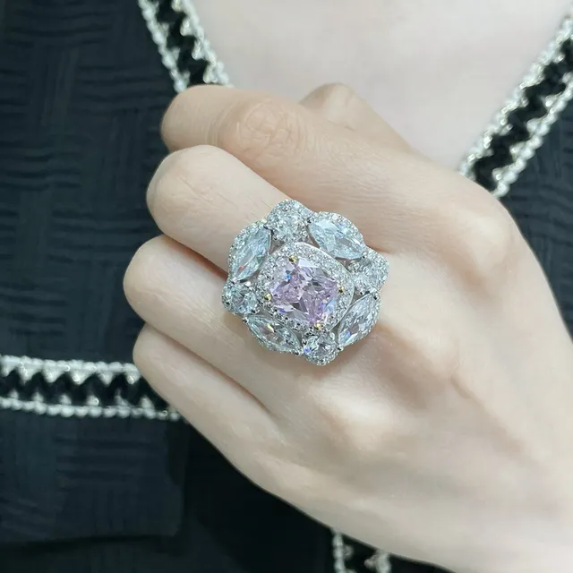 Pink Silver Multi-Stone Cluster Cushion-Cut Center Ring 9