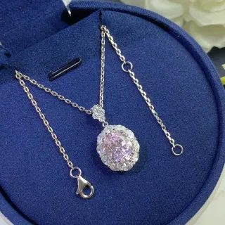Pink Silver Oval-Cut Central Gem Halo Setting Necklace