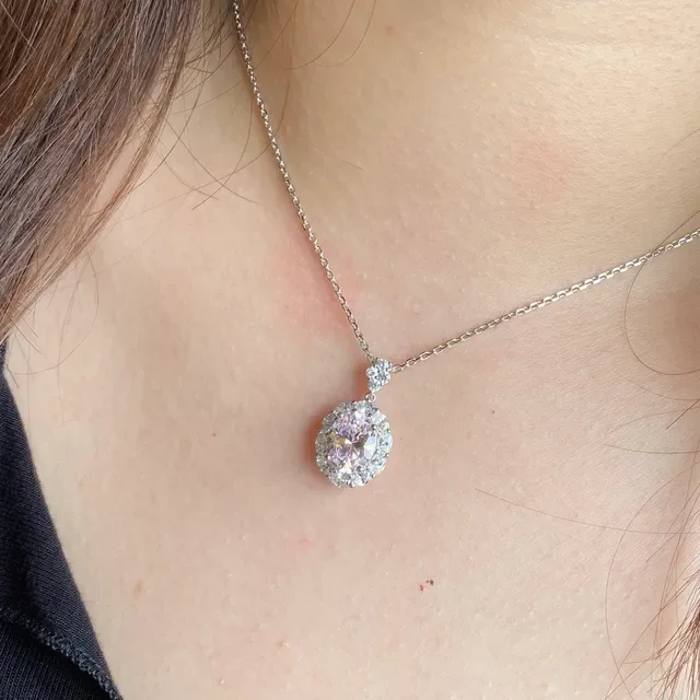 Pink Silver Oval-Cut Central Gem Halo Setting Necklace 3