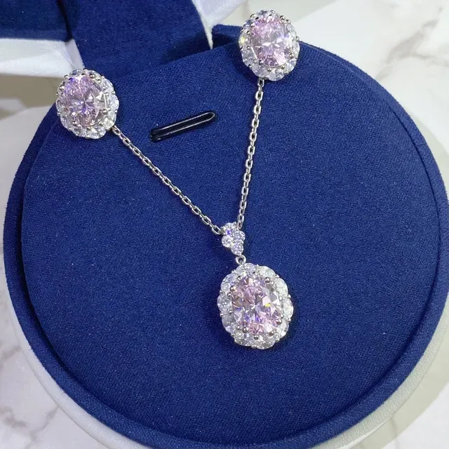 Pink Silver Oval-Cut Central Gem Halo Setting Necklace 4