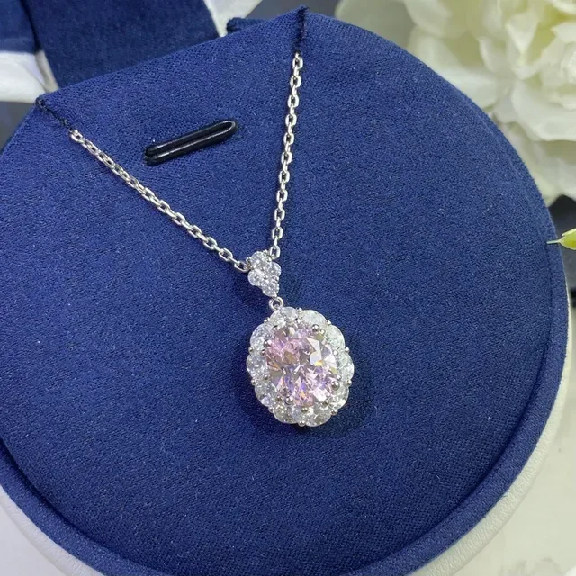 Pink Silver Oval-Cut Central Gem Halo Setting Necklace 5