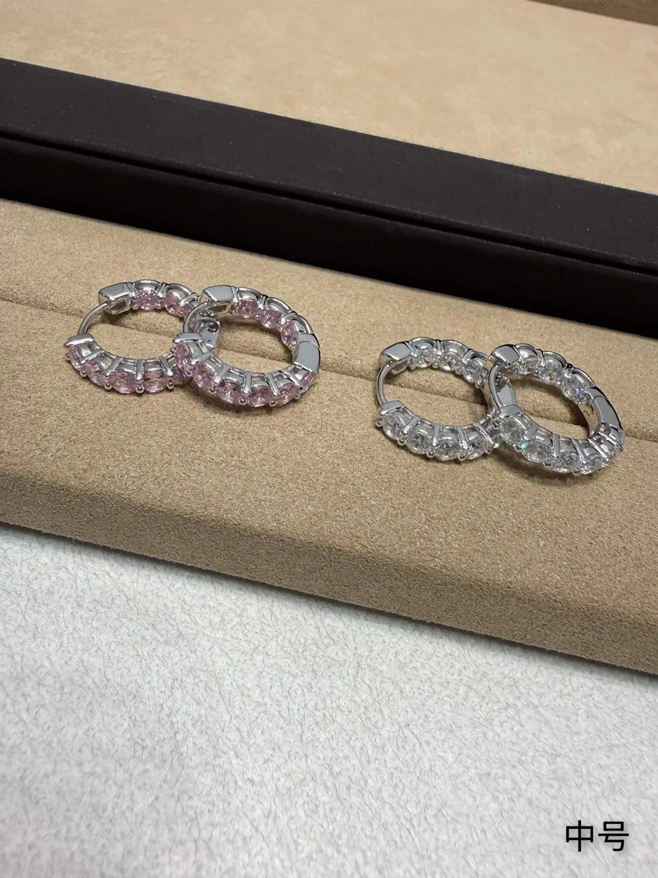 Pink Silver Paved Hoop Cubic Zirconia Or Crystal Earrings 2