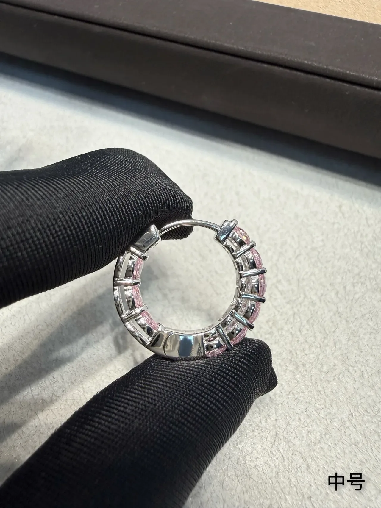 Pink Silver Paved Hoop Cubic Zirconia Or Crystal Earrings 5