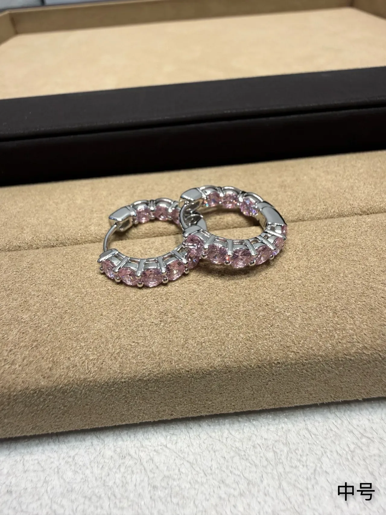 Pink Silver Paved Hoop Cubic Zirconia Or Crystal Earrings 6