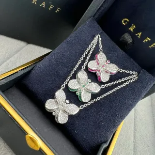 RAFF Silver Pink Butterfly Motif Pavé-Set Diamonds Necklace