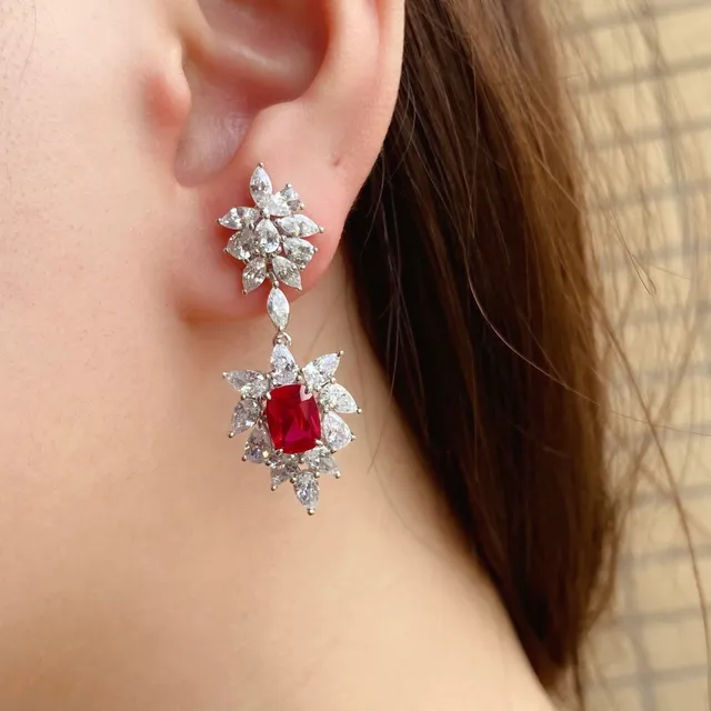 Red Center Floral Cluster Chandelier Dangle Earrings 3