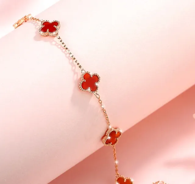 Red Gold Chain Four Clover-Shaped Charms Bracelet 4