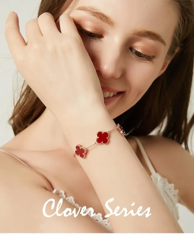 Red Gold Chain Four Clover-Shaped Charms Bracelet 9