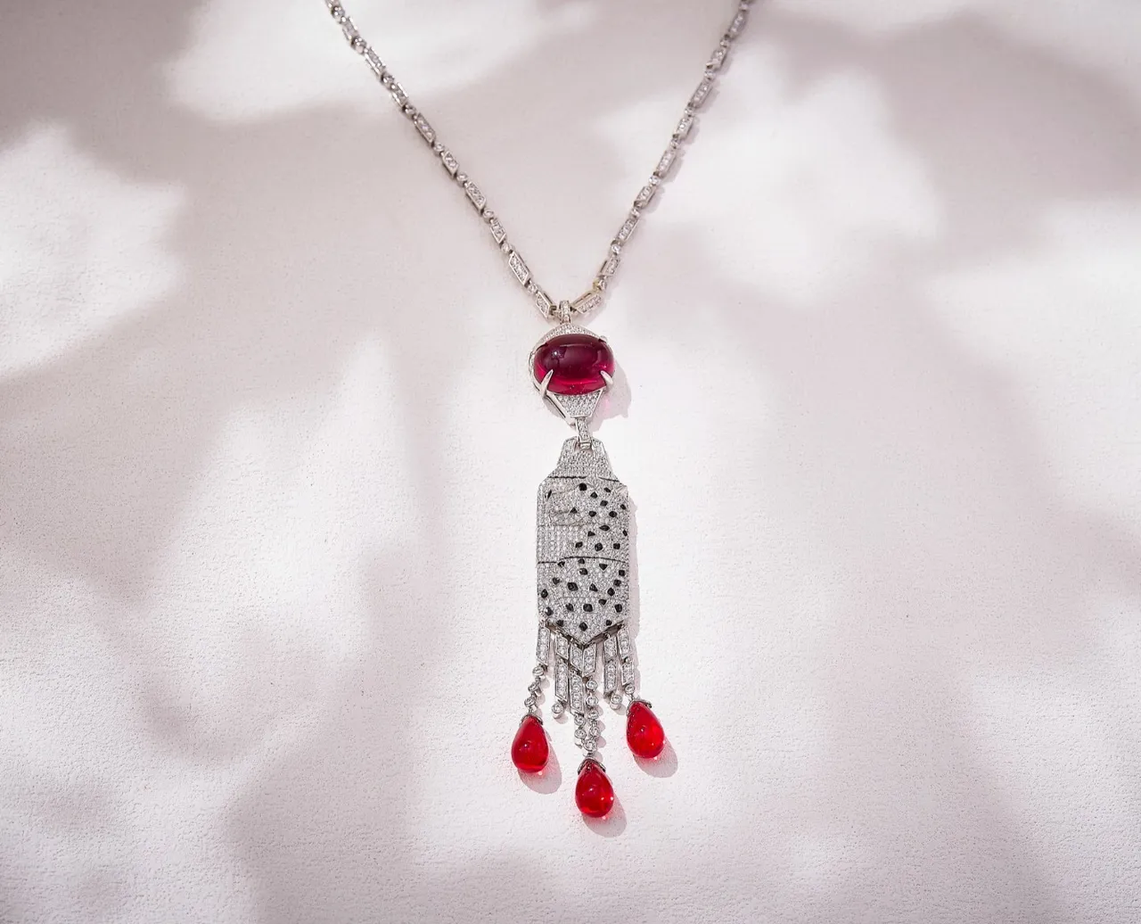 Red Silver Pavé-Set Diamond Pendant Oval Cabochon Ruby Centerpiece Necklace 4