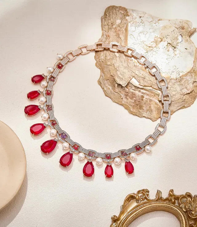 Red Teardrop Ruby and Pearl Pendant Necklace 6