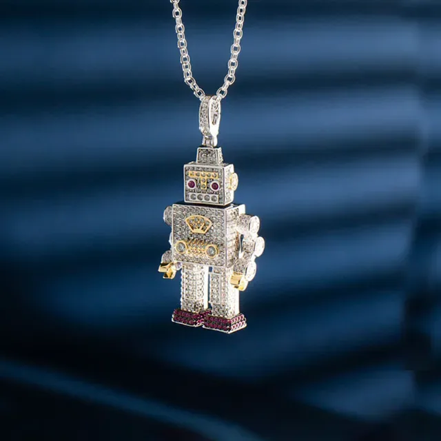 Robot-Shaped Pave-Set Sapphire Diamond Ruby Necklace 7