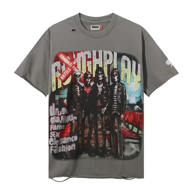 ROUGH Band Graphic Distressed Oversized T-Shirt 4