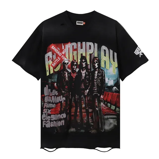 ROUGH Band Graphic Distressed Oversized T-Shirt 6