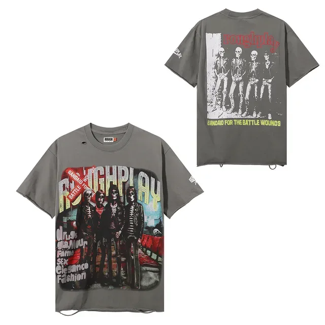 ROUGH Band Graphic Distressed Oversized T-Shirt 8