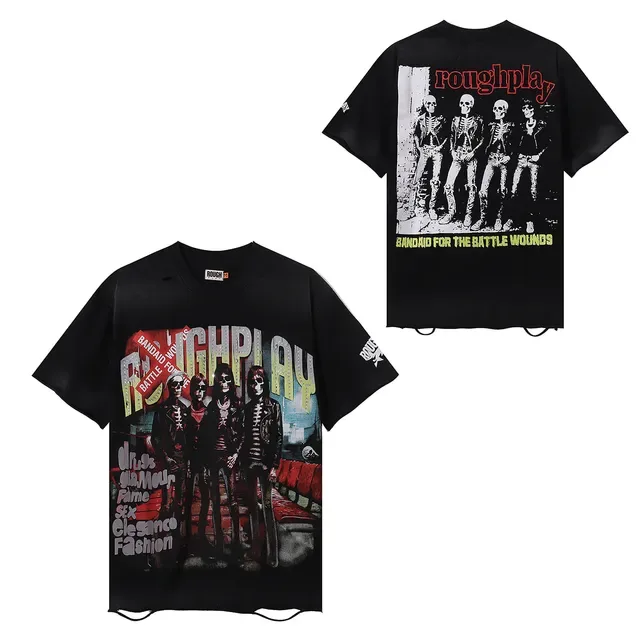 ROUGH Band Graphic Distressed Oversized T-Shirt 9