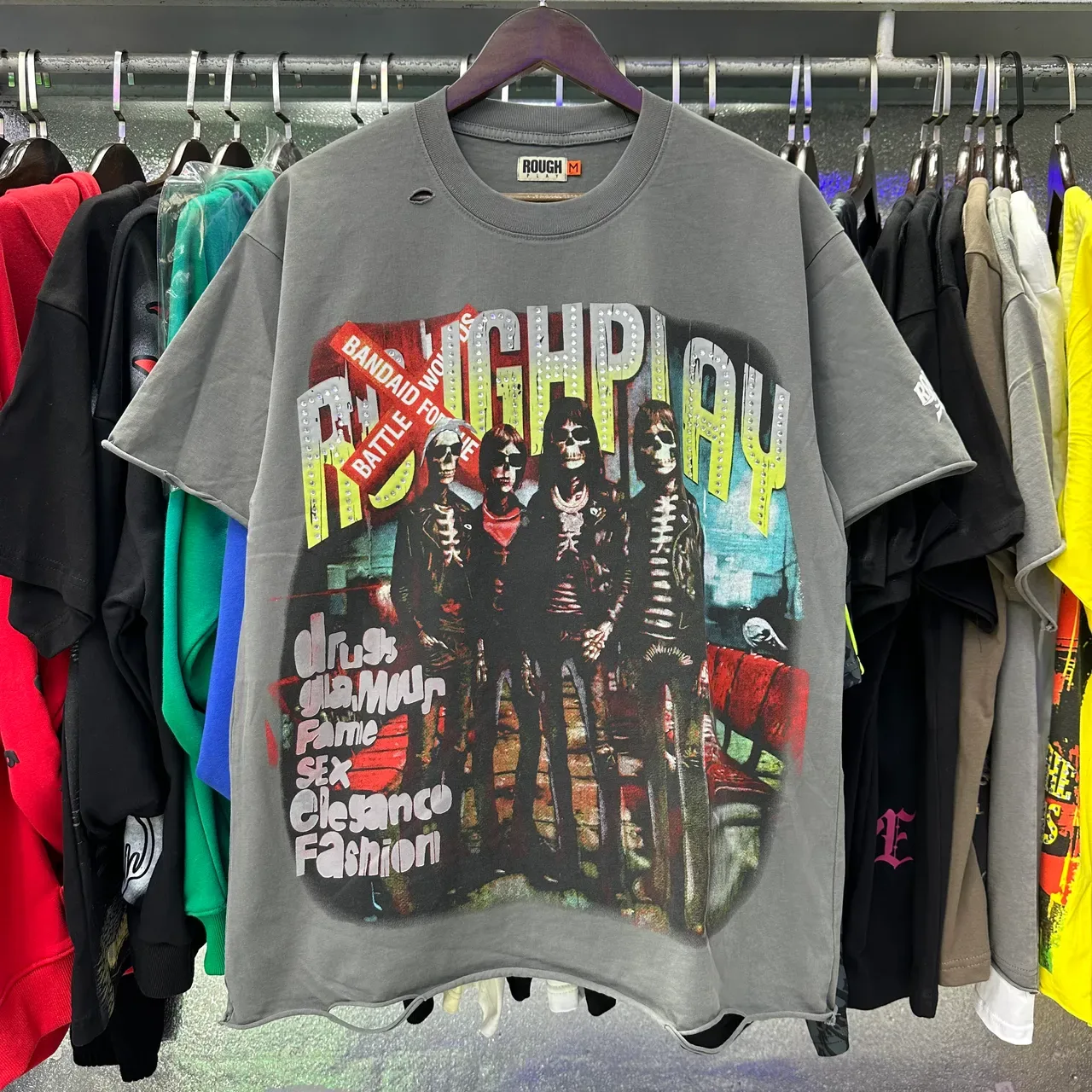 ROUGH Band Graphic Distressed Oversized T-Shirt 12