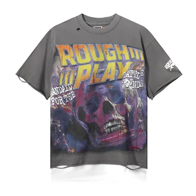 ROUGH Rough Play Graphic Distressed Oversized T-Shirt 8