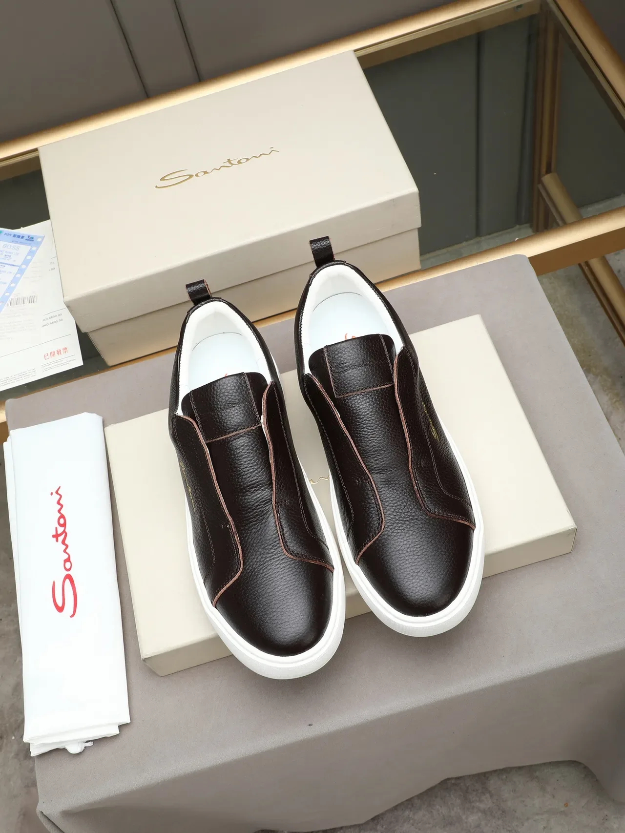 Santoni Brown White Pebbled Leather Slip-On Lifestyle Sneakers 2