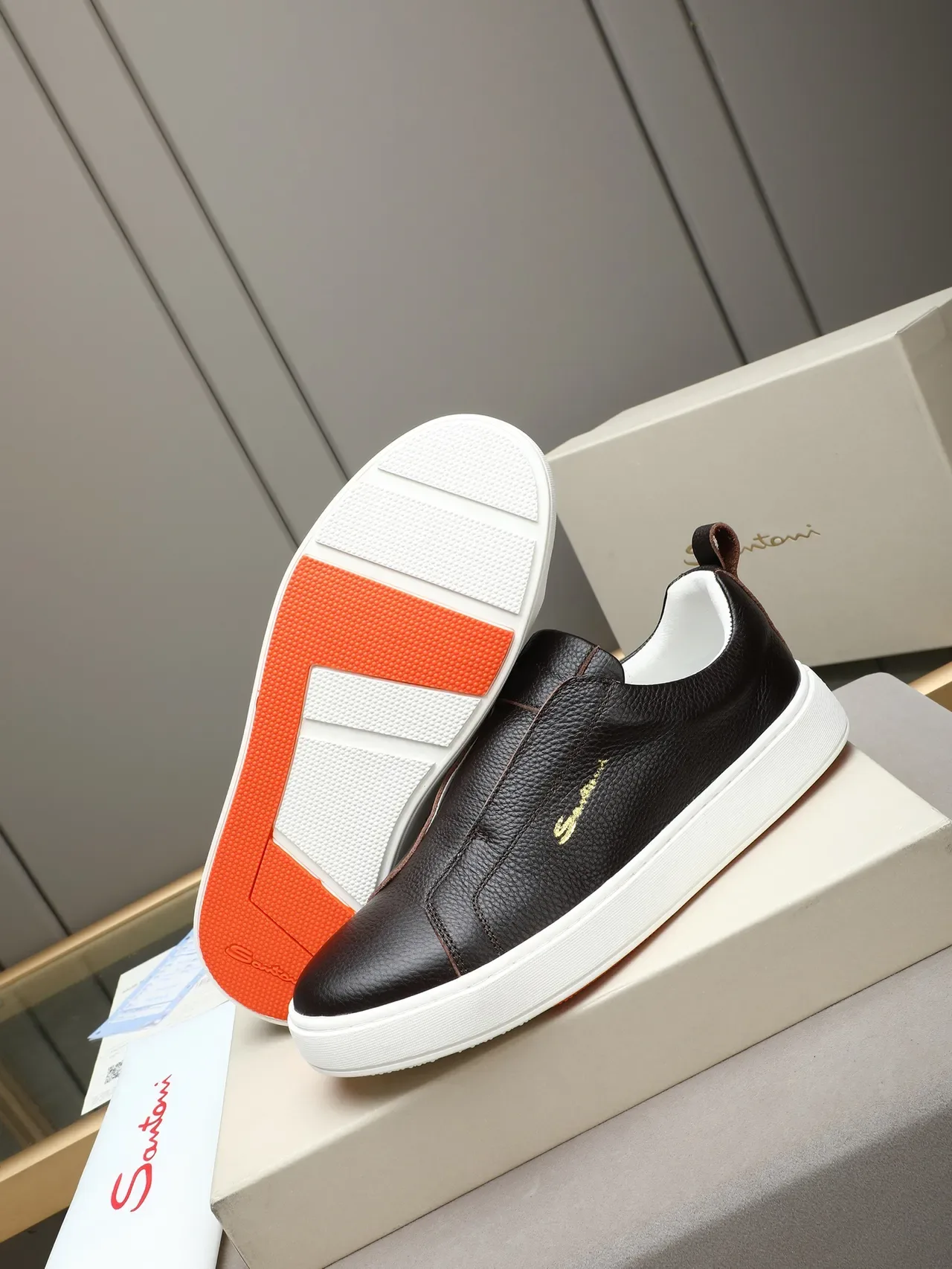 Santoni Brown White Pebbled Leather Slip-On Lifestyle Sneakers 4