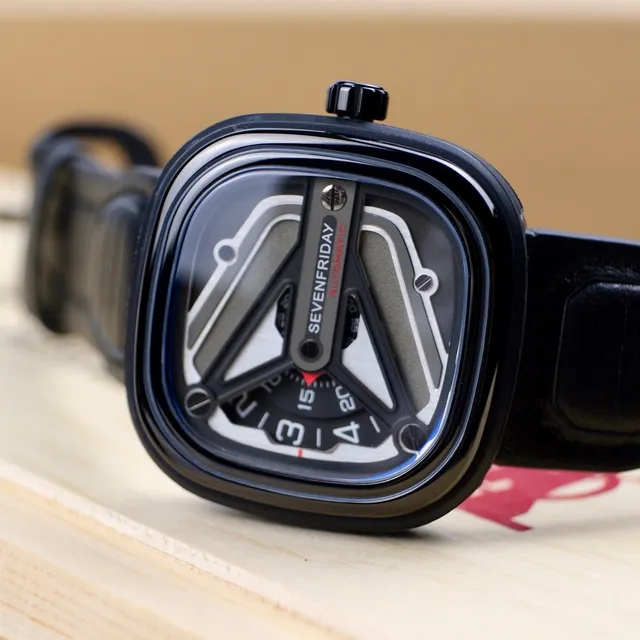 SEVENFRIDAY P1 Series Black Silver Open-Worked Skeleton Industrial Geometric Mechanical Watch 7